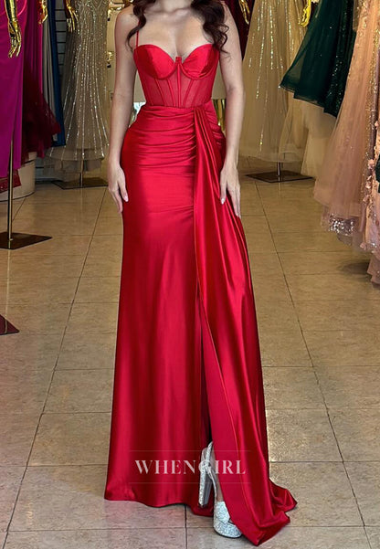 Elegant Spaghetti Straps Sweetheart Sheath Pleated Satin Formal Prom Dresss with Slit