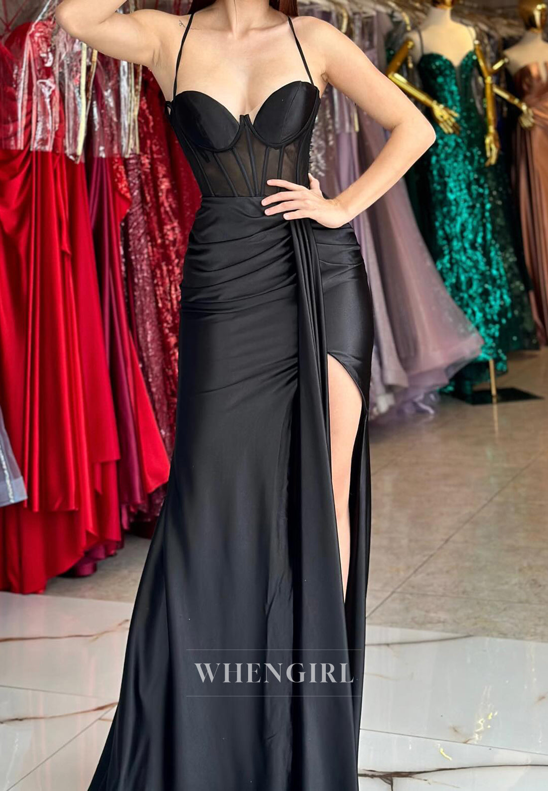 Elegant Spaghetti Straps Sweetheart Sheath Pleated Satin Formal Prom Dresss with Slit