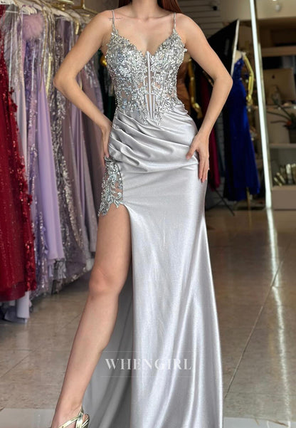 Gorgeous Spaghetti Straps Sweetheart Sheath Satin Evening Party Gowns with Sequin Appliques