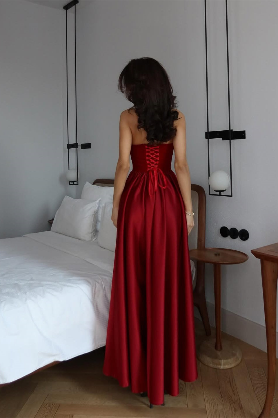 Glamorous Burgundy Spaghetti-Straps Sleeveless Satin Prom Dresses A-Line With Lace-Up Back