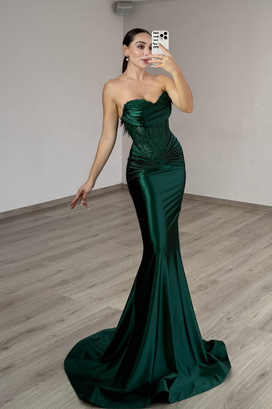 Glamorous Dark Green Sweetheart Satin Prom Dress Sleeveless Mermaid With Beads Pleats
