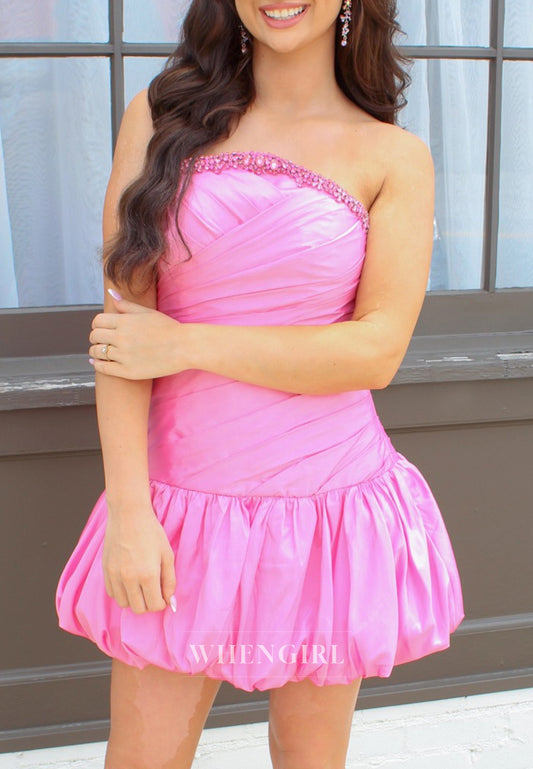 Strapless Beaded Tube Top Sleeveless Pleaed Sheath Short Homecoming Dress