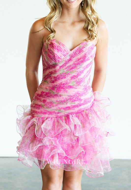 V Neck Sheath Sleeveless Ruffles Lace Up Short Homecoming Dress