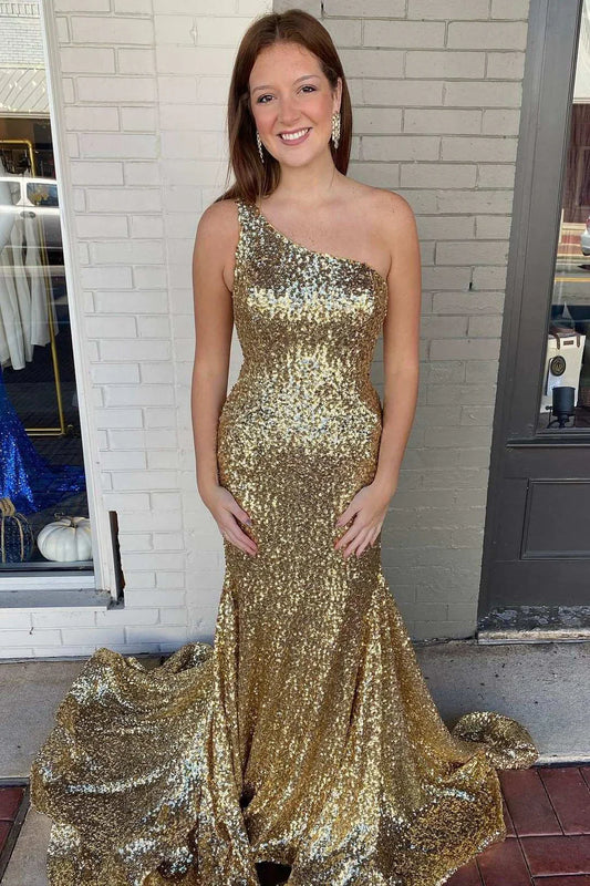 Gold Sequin Prom Dress One-Shoulder Trumpet Mermaid Maxi Dresses