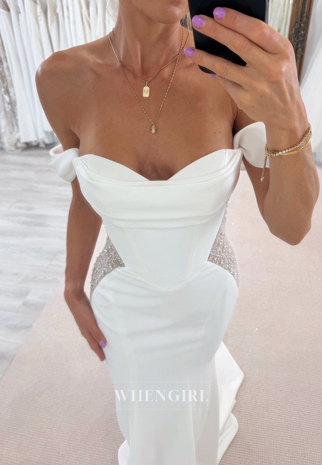 Mermaid Off Shouder Beaded Sleeveless Sweep Train Wedding Dress
