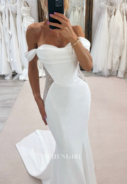 Mermaid Off Shouder Beaded Sleeveless Sweep Train Wedding Dress