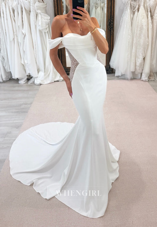 Mermaid Off Shouder Beaded Sleeveless Sweep Train Wedding Dress