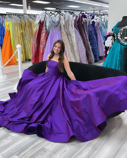 Gorgeous Strapless Satin Purple Prom Dress For Sale A Line Sleeveless