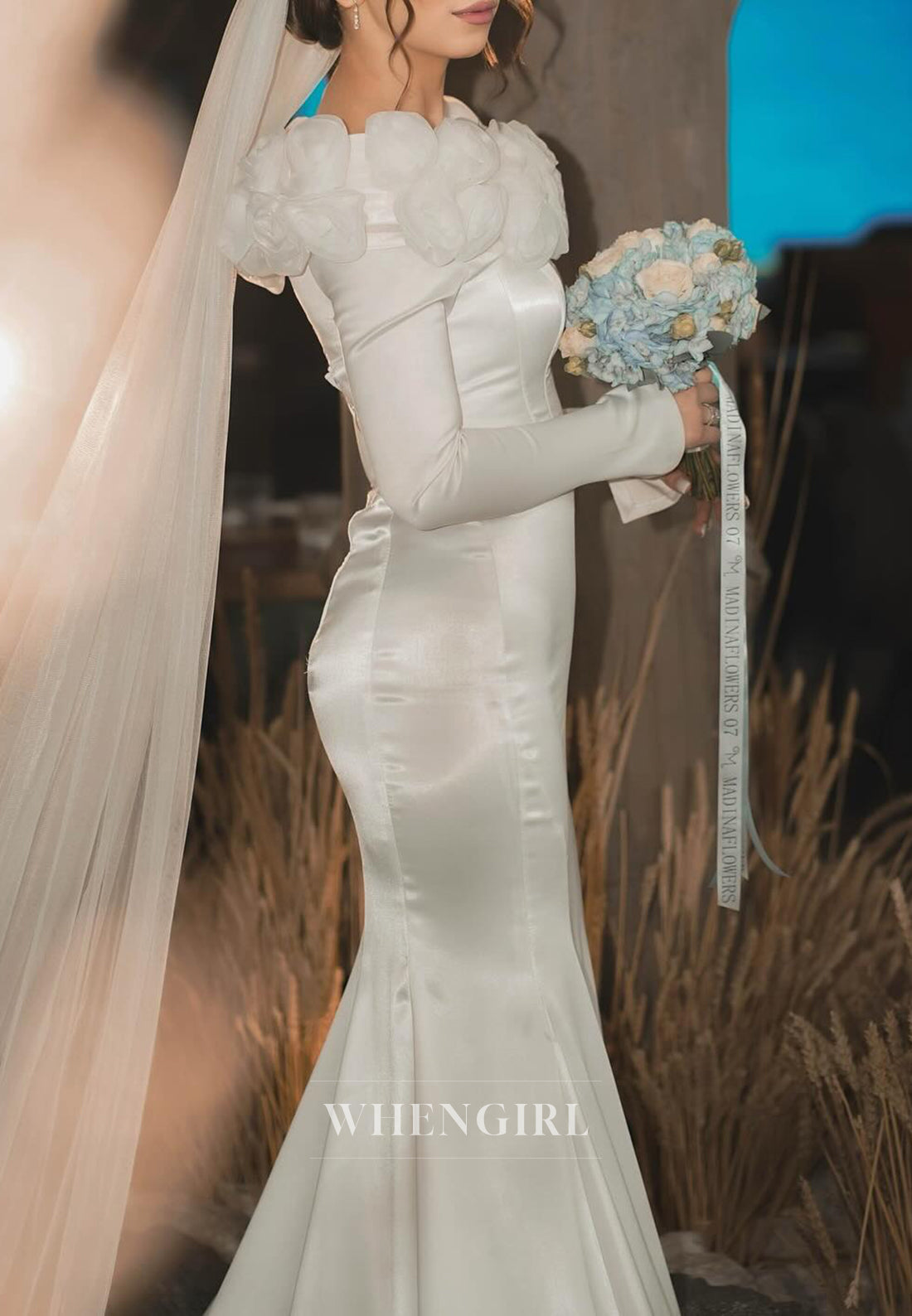Bateau Neck 3D Flowers Long Sleeves Mermaid Sweep Train Lace Up Wedding Dress