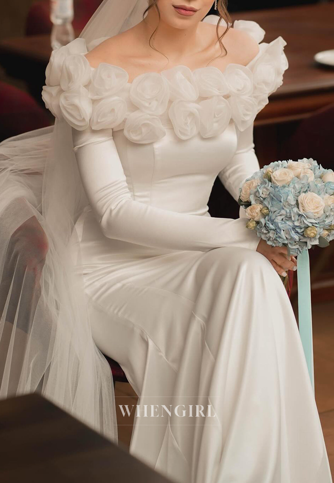 Bateau Neck 3D Flowers Long Sleeves Mermaid Sweep Train Lace Up Wedding Dress