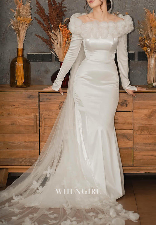 Bateau Neck 3D Flowers Long Sleeves Mermaid Sweep Train Lace Up Wedding Dress