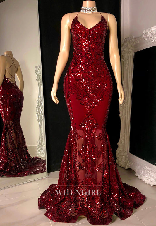 Sparkly V-Neck Mermaid Party Gowns Sleeveless Appliques Lace Prom Dress with Train