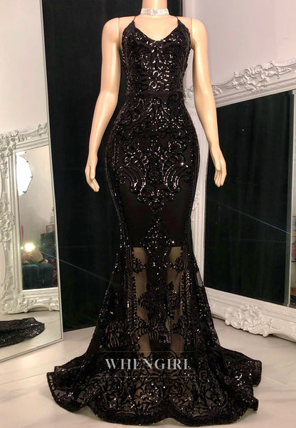 Sparkly V-Neck Mermaid Party Gowns Sleeveless Appliques Lace Prom Dress with Train