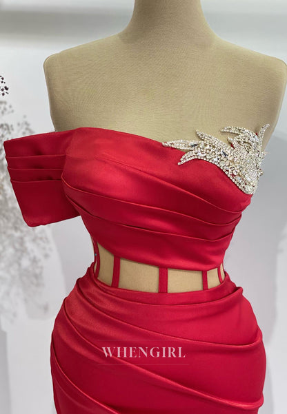 Charming One Shoulder Sleeveless Side Slit Pleated Satin Formal Party Dress with Beads