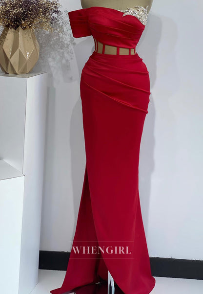 Charming One Shoulder Sleeveless Side Slit Pleated Satin Formal Party Dress with Beads