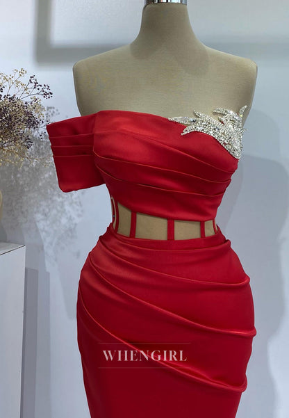 Charming One Shoulder Sleeveless Side Slit Pleated Satin Formal Party Dress with Beads