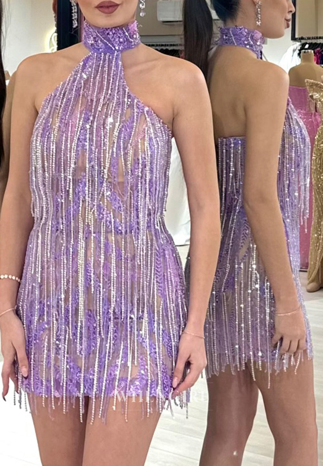 Halter Sleeveless Tassel Beaded Pearls Sheath Short Homecoming Dress