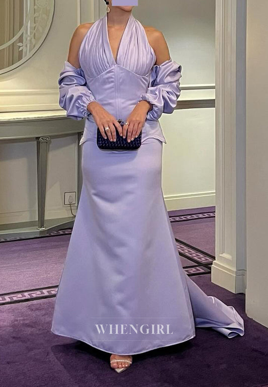 Violet 3/4 Sleeves Halter Back Zipper Sweep Train Mermaid Formal Evening Dress