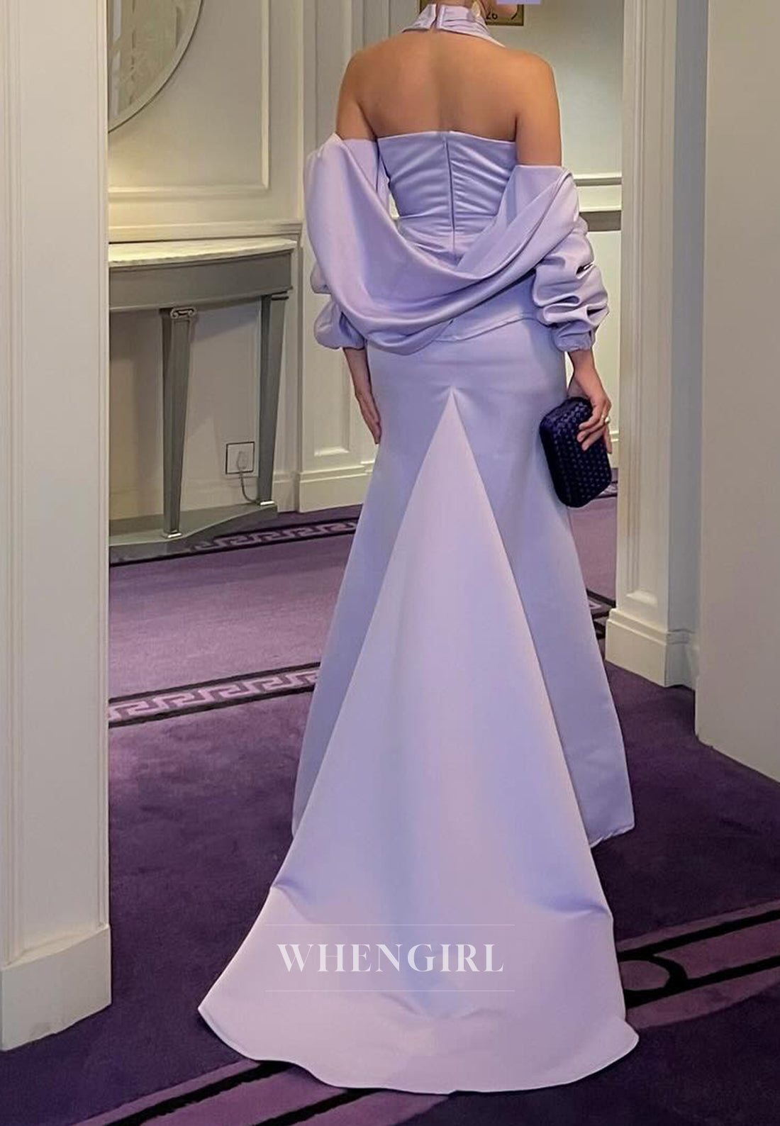 Violet 3/4 Sleeves Halter Back Zipper Sweep Train Mermaid Formal Evening Dress