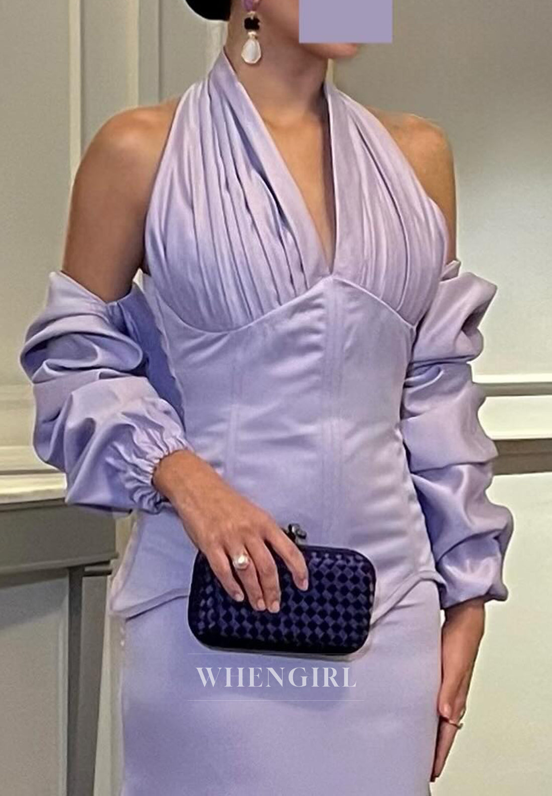 Violet 3/4 Sleeves Halter Back Zipper Sweep Train Mermaid Formal Evening Dress