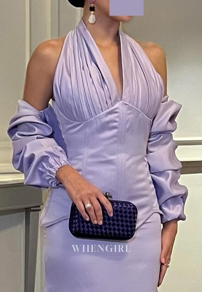 Violet 3/4 Sleeves Halter Back Zipper Sweep Train Mermaid Formal Evening Dress
