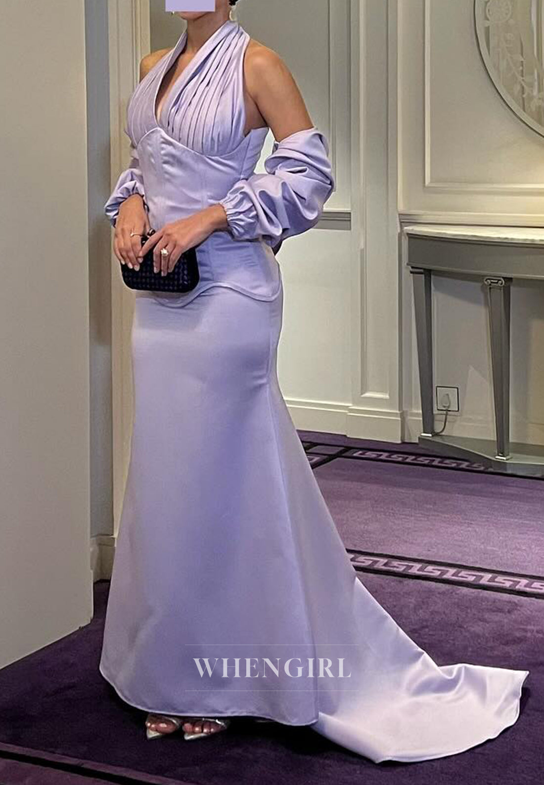Violet 3/4 Sleeves Halter Back Zipper Sweep Train Mermaid Formal Evening Dress