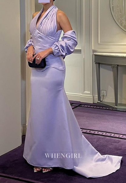 Violet 3/4 Sleeves Halter Back Zipper Sweep Train Mermaid Formal Evening Dress