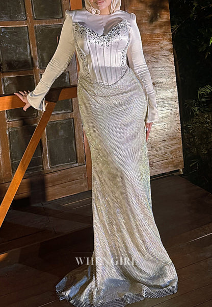 Silver Bateau Neck Long Sleeves Beaded Corset Sheath Evening Gown