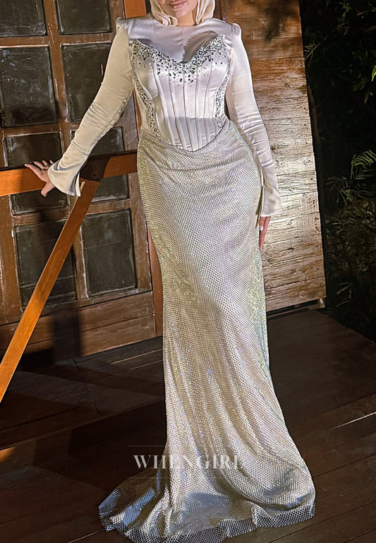 Silver Bateau Neck Long Sleeves Beaded Corset Sheath Evening Gown