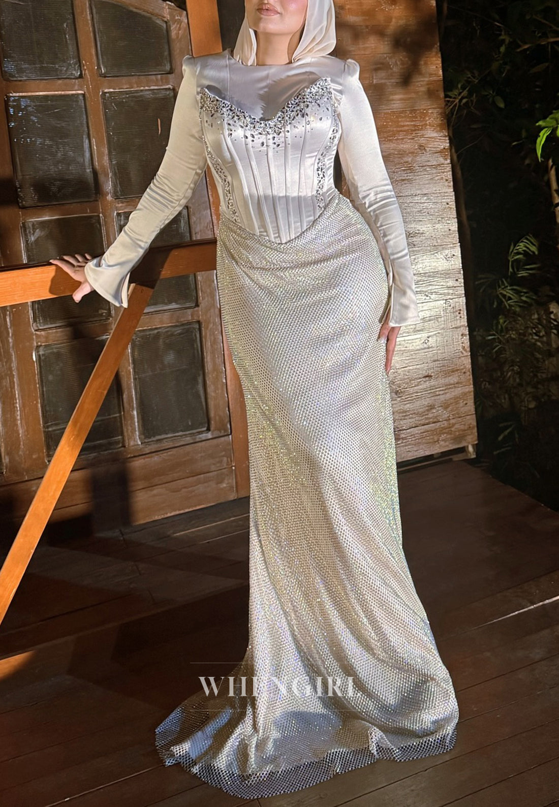 Silver Bateau Neck Long Sleeves Beaded Corset Sheath Evening Gown