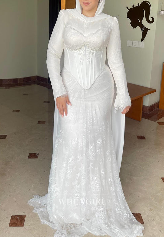 Column Bateau Neck Long Sleeves Beaded Corset Sweep Train Lace Wedding Dress