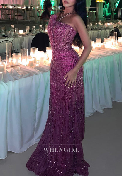 Fuchsia Asymmetrical Neck Sleeveless Beaded Sheath Sweep Train Evening Party Gown