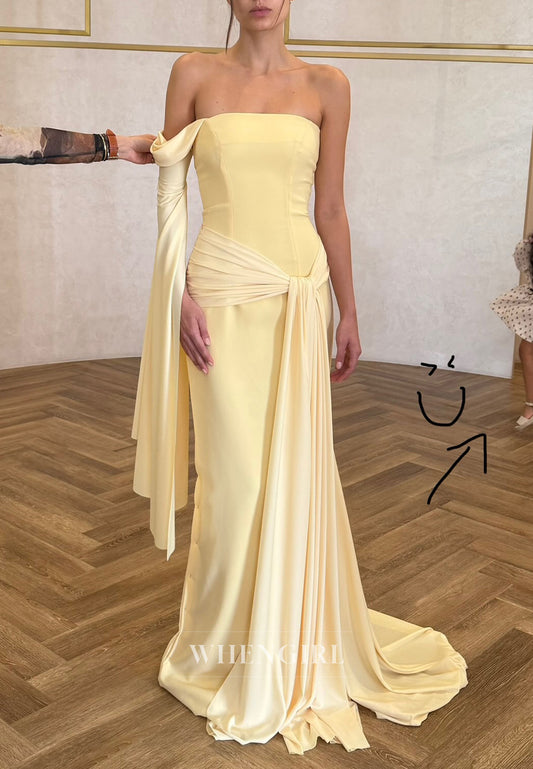 Daffodil Long Single Sleeve Off Shoulder Pleated Sheath Sweep Train Evening Formal Dress