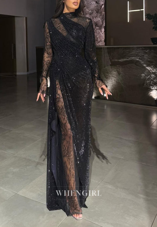 Black High Neck Long Sleeves Beaded Lace Long Sheath Formal Evening Gown