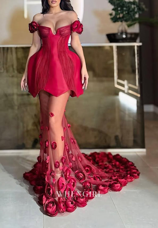 Burgundy Off Shoulder Pleated Mermaid Formal Evening Gown with 3D Flowers