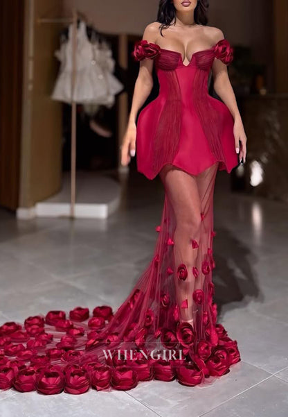 Burgundy Off Shoulder Pleated Mermaid Formal Evening Gown with 3D Flowers