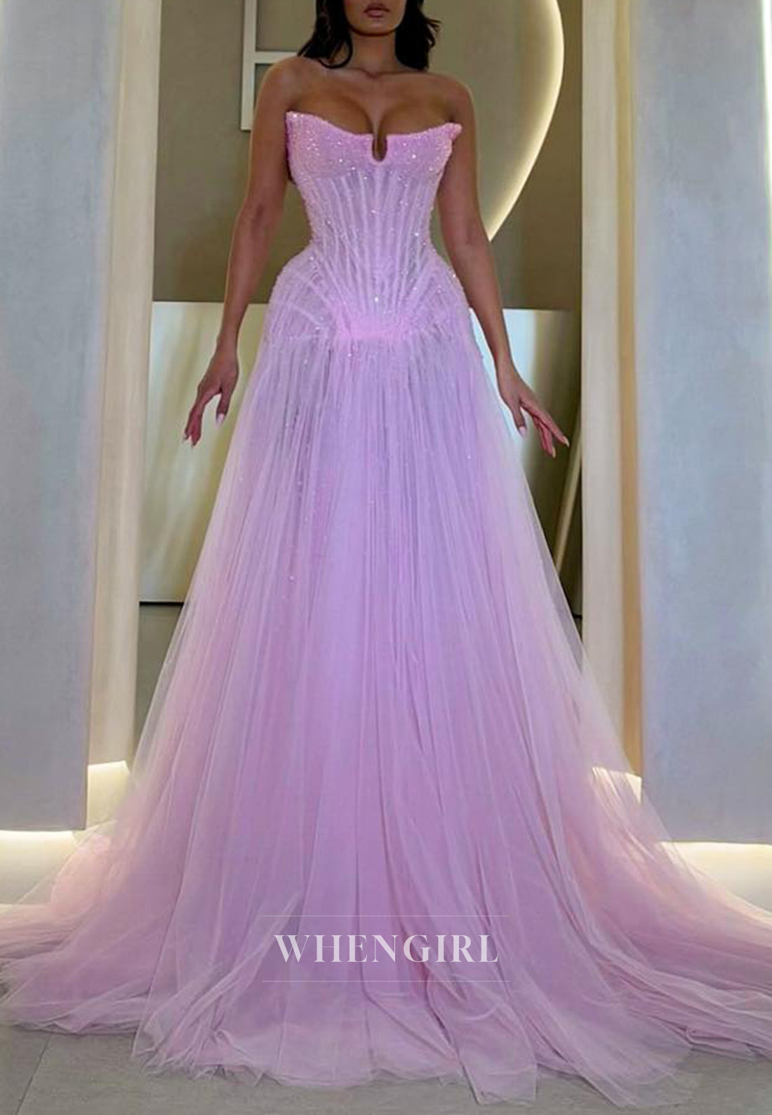 A-Line Asymmetrican Neck Sleeveless Beaded Tulle Prom Dress