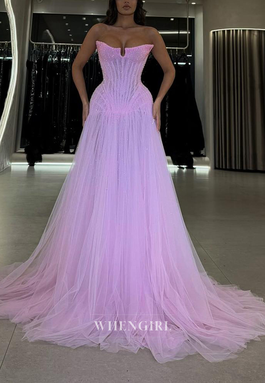 A-Line Asymmetrican Neck Sleeveless Beaded Tulle Prom Dress