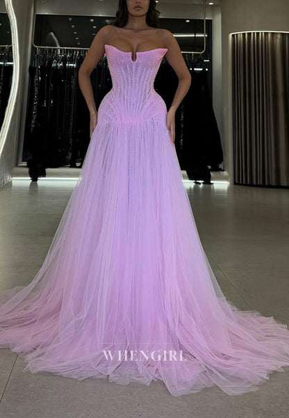 A-Line Asymmetrican Neck Sleeveless Beaded Tulle Prom Dress