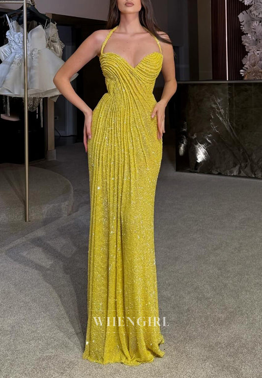 Daffodil Halter Pleated Sleeveless Floor Length Sheath Prom Dress