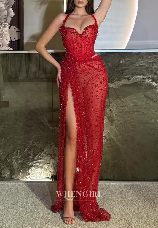 Red Rhinestones Beaded Cut Out Halter Side Slit Sheath Prom Dress