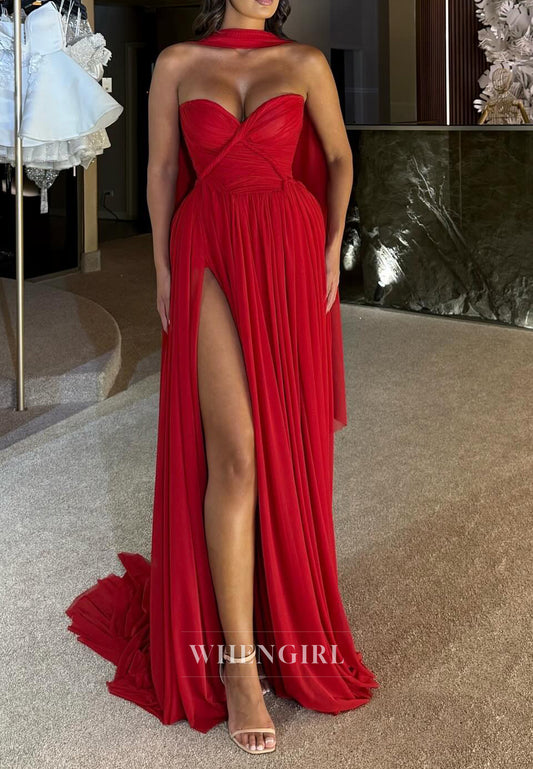 Red Sweetheart Sleeveless Side Slit Sheath Evening Formal Gown with Scarf