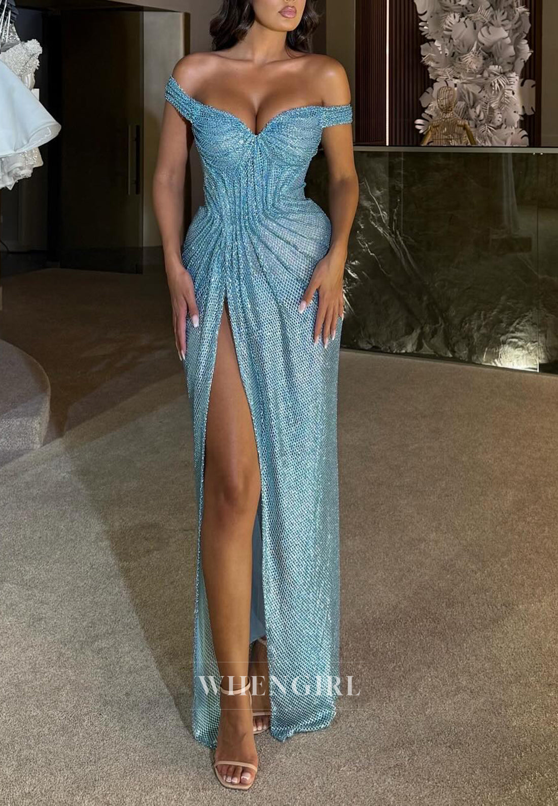 Blue Off Shoulder Pleated Side Slit Sheath Prom Dress