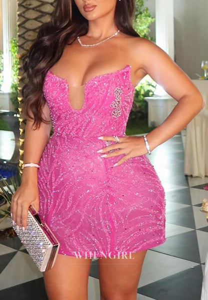 Fuchsia Asymmetrical Neck Sleeveless Beaded Sheath Short Homecoming Dress
