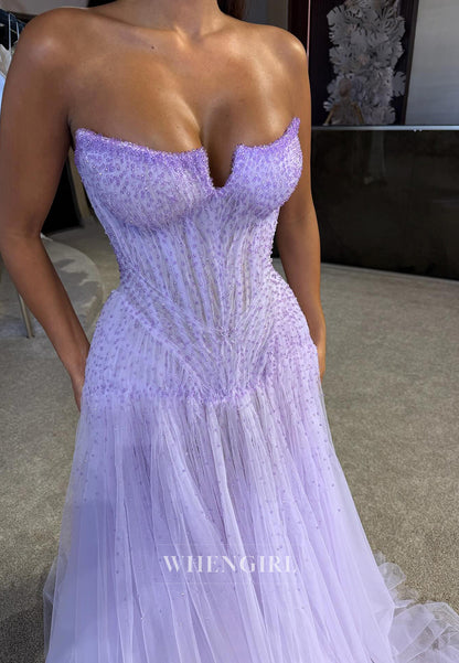 A-Line Asymmetrican Neck Sleeveless Beaded Tulle Prom Dress