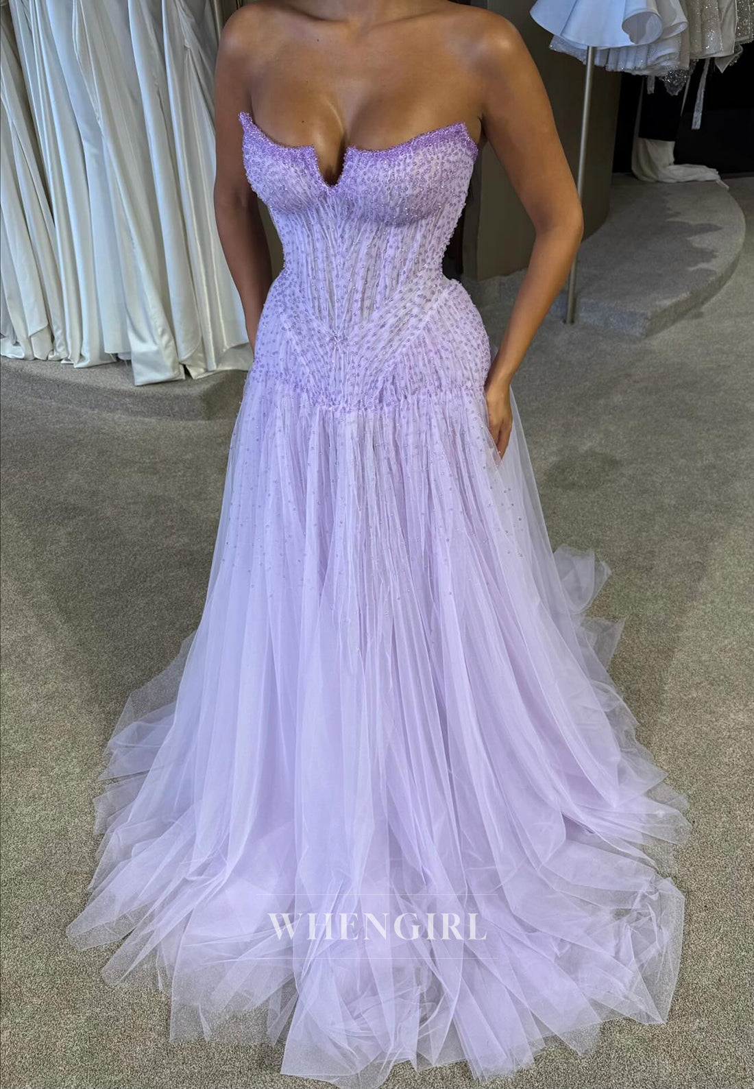 A-Line Asymmetrican Neck Sleeveless Beaded Tulle Prom Dress