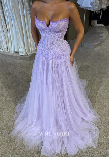 A-Line Asymmetrican Neck Sleeveless Beaded Tulle Prom Dress