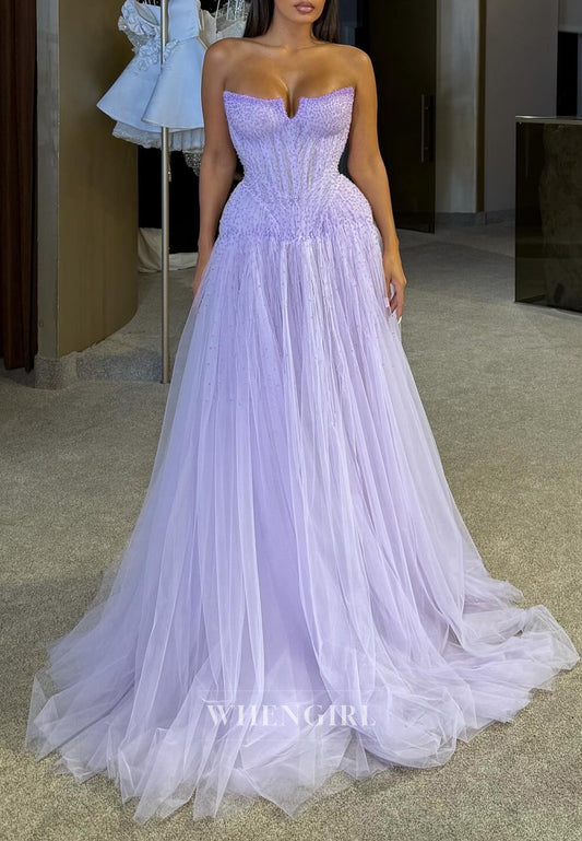 A-Line Asymmetrican Neck Sleeveless Beaded Tulle Prom Dress