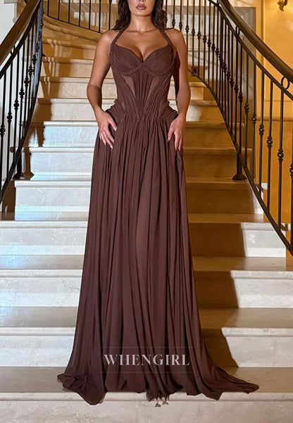 Chocholate Halter Sleeveless Pleated A-Line Prom Dress Evening Gown