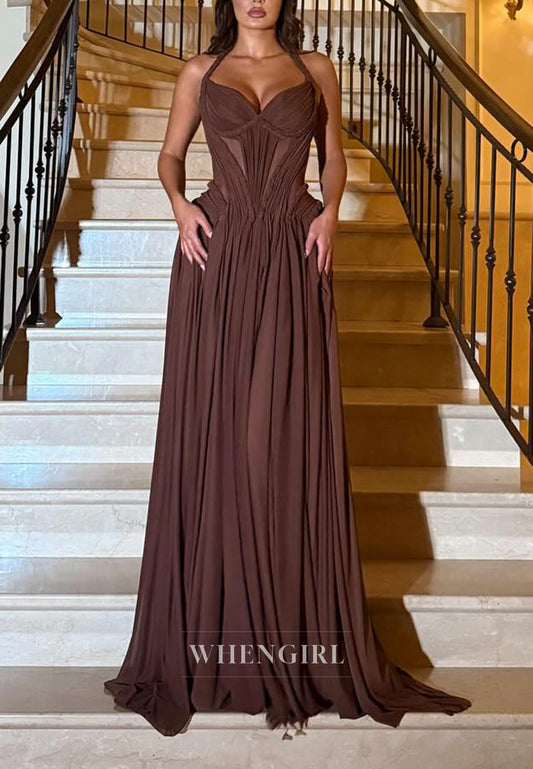 Chocholate Halter Sleeveless Pleated A-Line Prom Dress Evening Gown